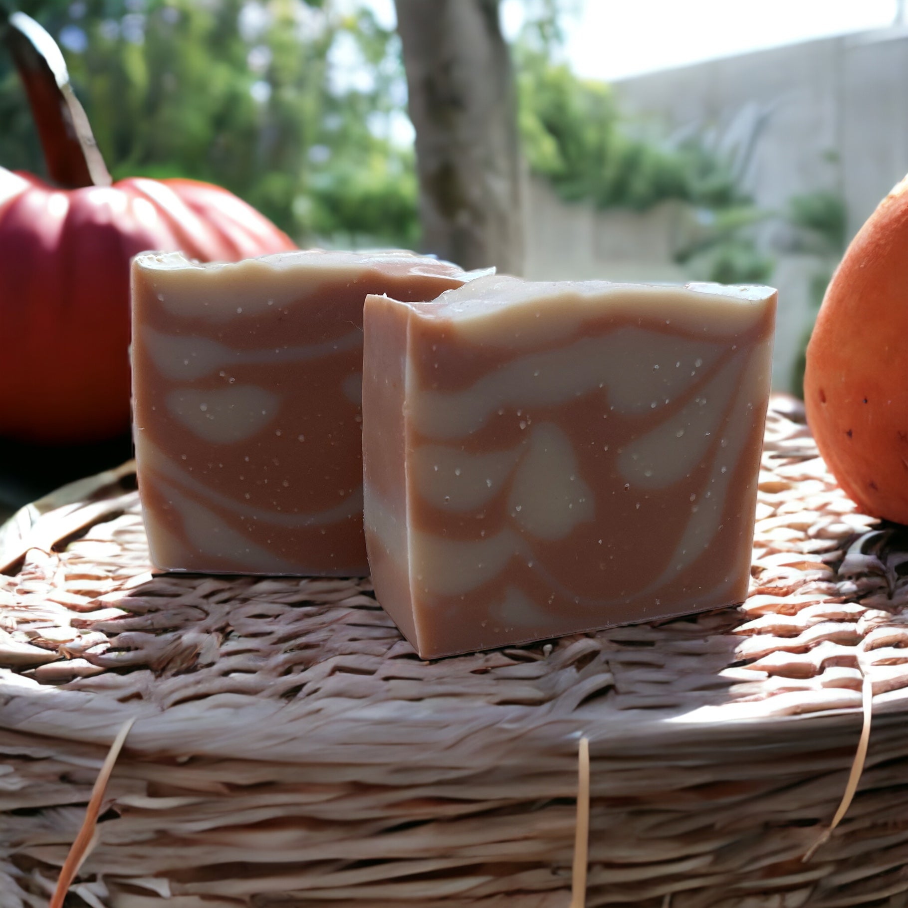 Pumpkin Sandalwood vegan body bar with swirls of beige and cream.