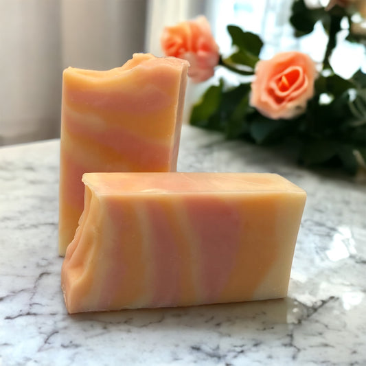 Cherry Rose vegan soap bar with swirls of pink, orange and cream.