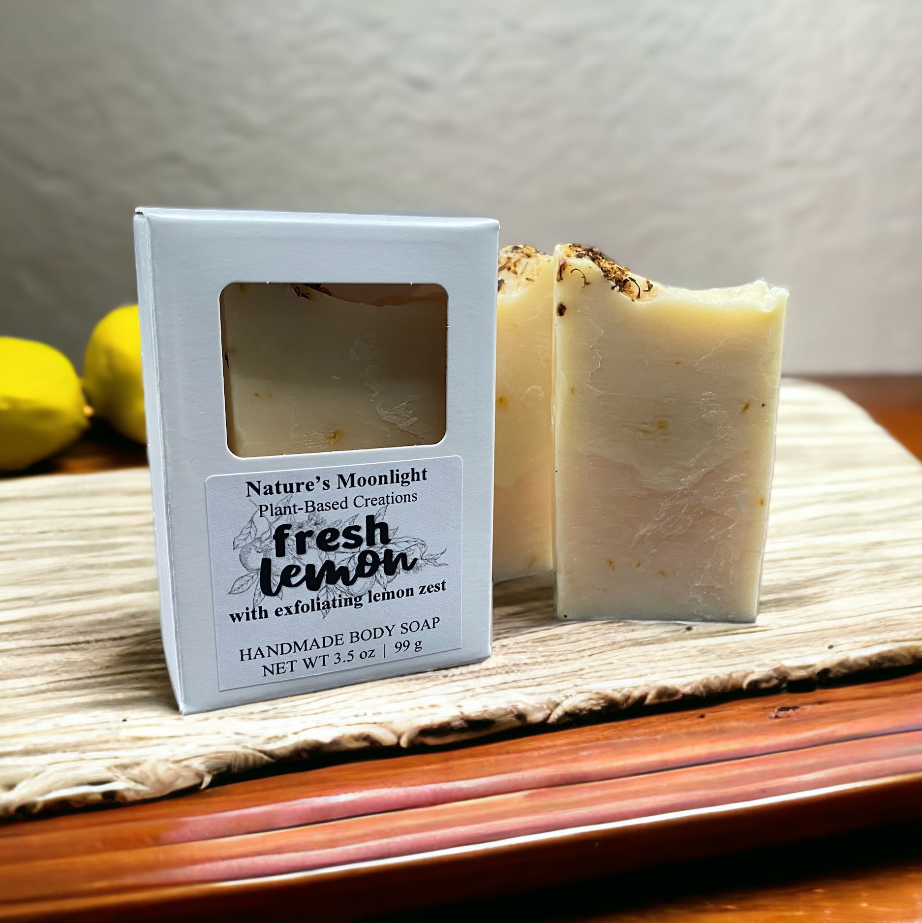 Fresh Lemon vegan bar soap with three shades of yellow.