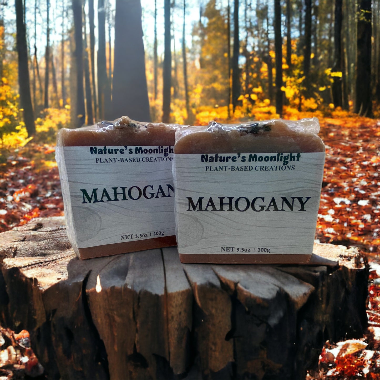 Mahogany vegan bar soap with layer of brown and cream.