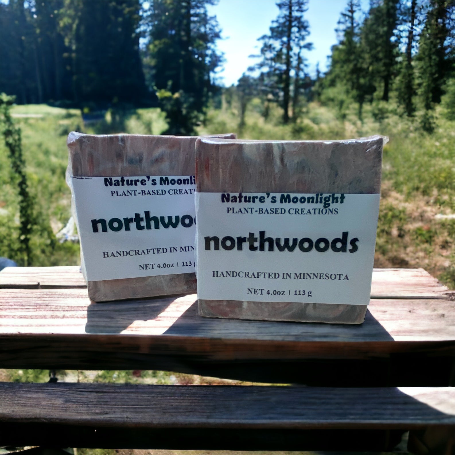 Northwoods vegan body bar with wood-like appearance in colors of brown, dark green and white.