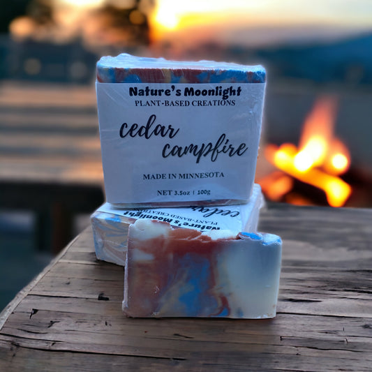 Cedar Campfire vegan body soap bar made in Minnesota, swirled with brown, blue and white